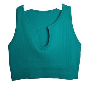 OQQ Teal Ribbed Keyhole Neck Racerback Crop Tank Top Size M